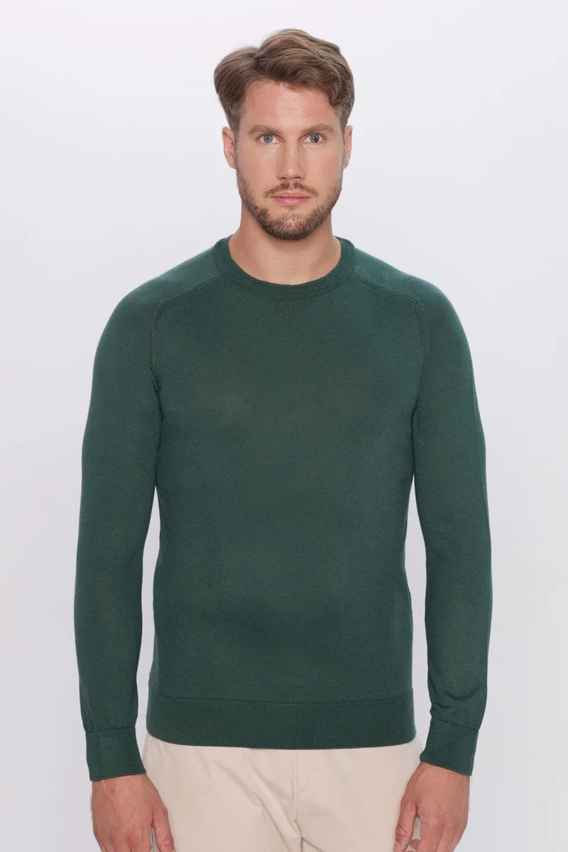 تودورس Men's Slim Fit Slim Cut Wool Green Crew Neck Knitwear Sweater