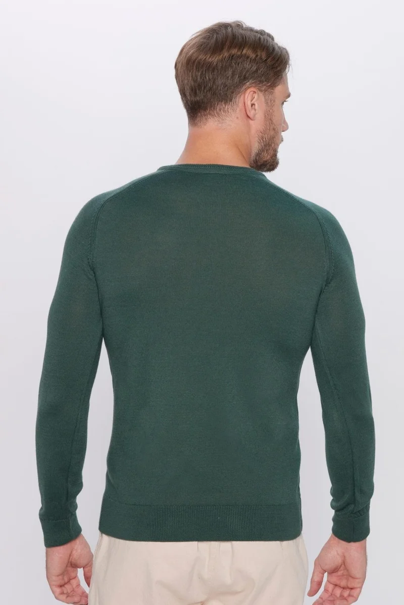 تودورس Men's Slim Fit Slim Cut Wool Green Crew Neck Knitwear Sweater