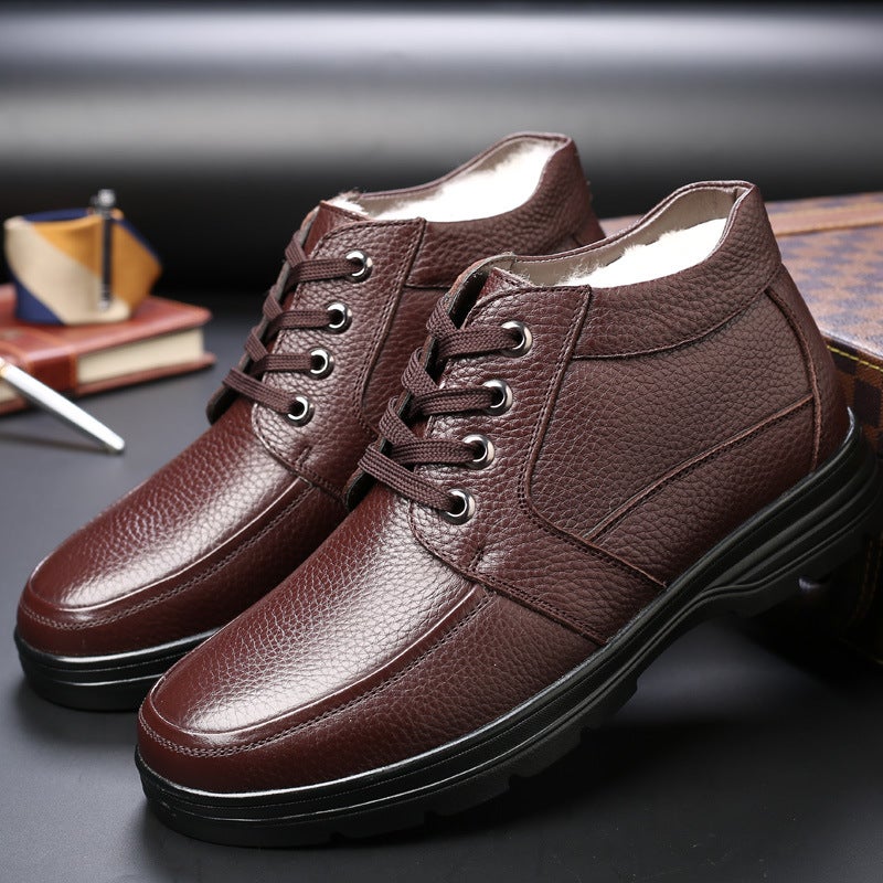 Cotton Shoes Mens Genuine Leather Cotton Shoes Small Size Thickened 48 Large 47 Non-slip Wool Extra Large Size 46 Dad Shoes brown lace-up