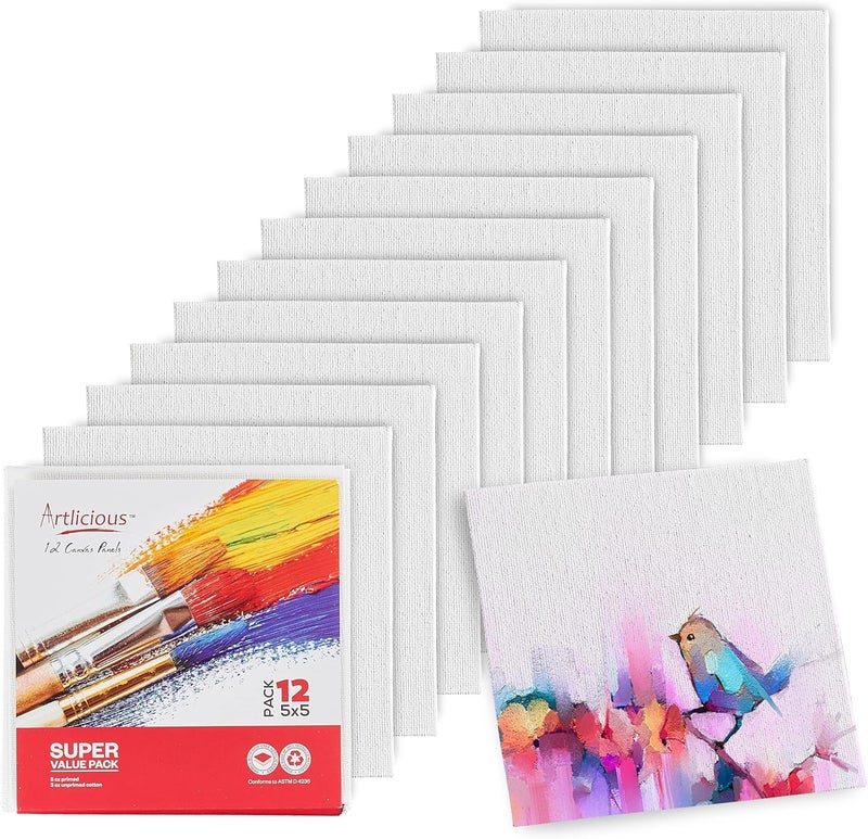 Artlicious Small Canvases for Painting - Pack of 12, 5 x 5 Inch Blank White Canvas Boards - 100% Cotton Art Panels Mini Canvas Bulk for Oil, Acrylic & Watercolor Small Canvas for Painting - Image 1