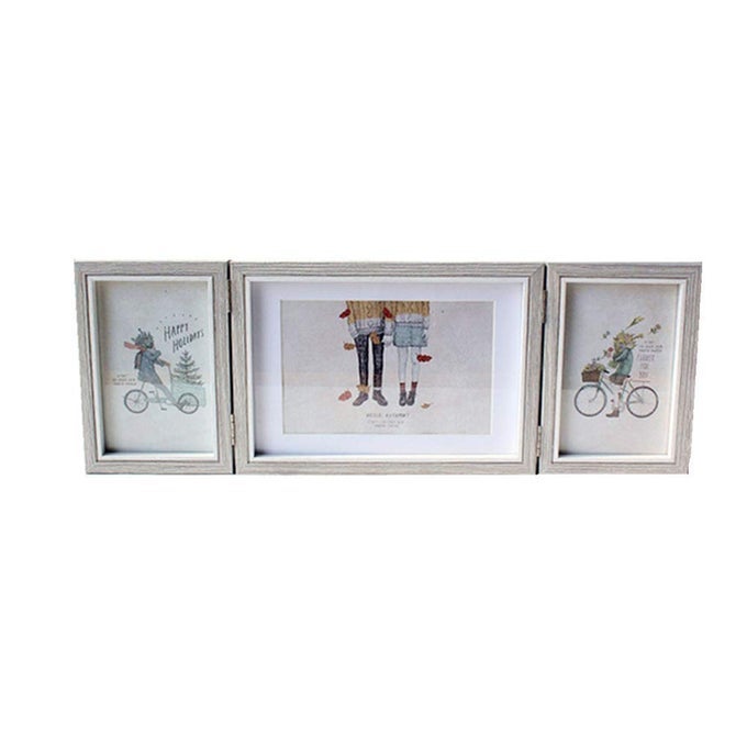 DODXIAOBEUL Silver Hinged Folding Three Picture Frame Display 4x6 inch Vertical and 5x7 inch Horizontal Photo or Pictures for Desk Triple Opening Wedding Family Grayish White