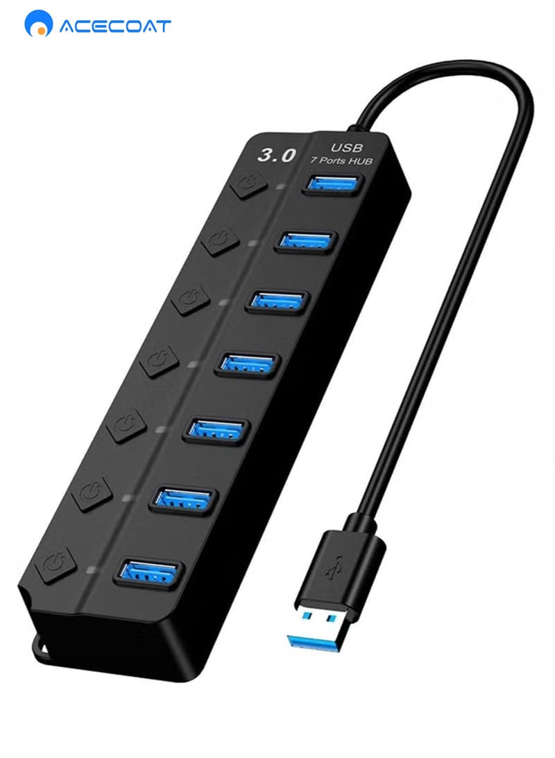 ايسكوت موزع USB 3.0 ذو 7 منافذ USB 3.0 مع مفاتيح طاقة فردية ومصابيح، موزع موزع بيانات عالي السرعة محمول لتمديد USB للكمبيوتر المحمول والمزيد (بدون محول طاقة) - Image 1
