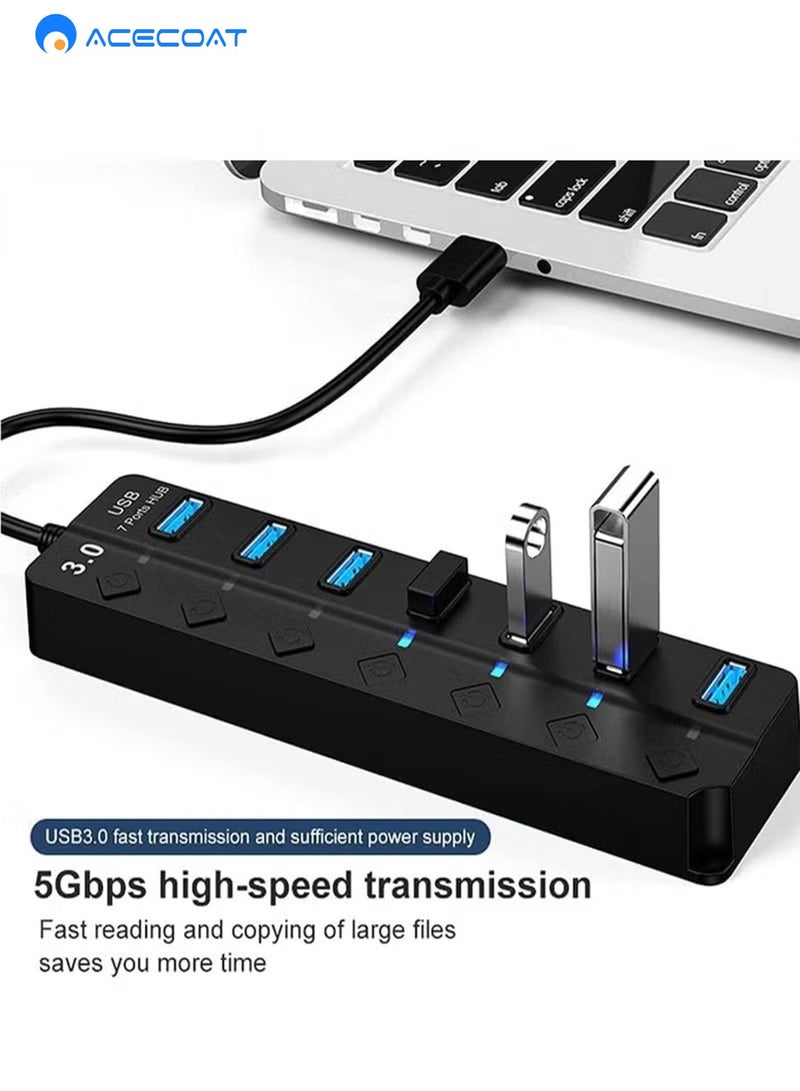 ايسكوت موزع USB 3.0 ذو 7 منافذ USB 3.0 مع مفاتيح طاقة فردية ومصابيح، موزع موزع بيانات عالي السرعة محمول لتمديد USB للكمبيوتر المحمول والمزيد (بدون محول طاقة) - Image 2