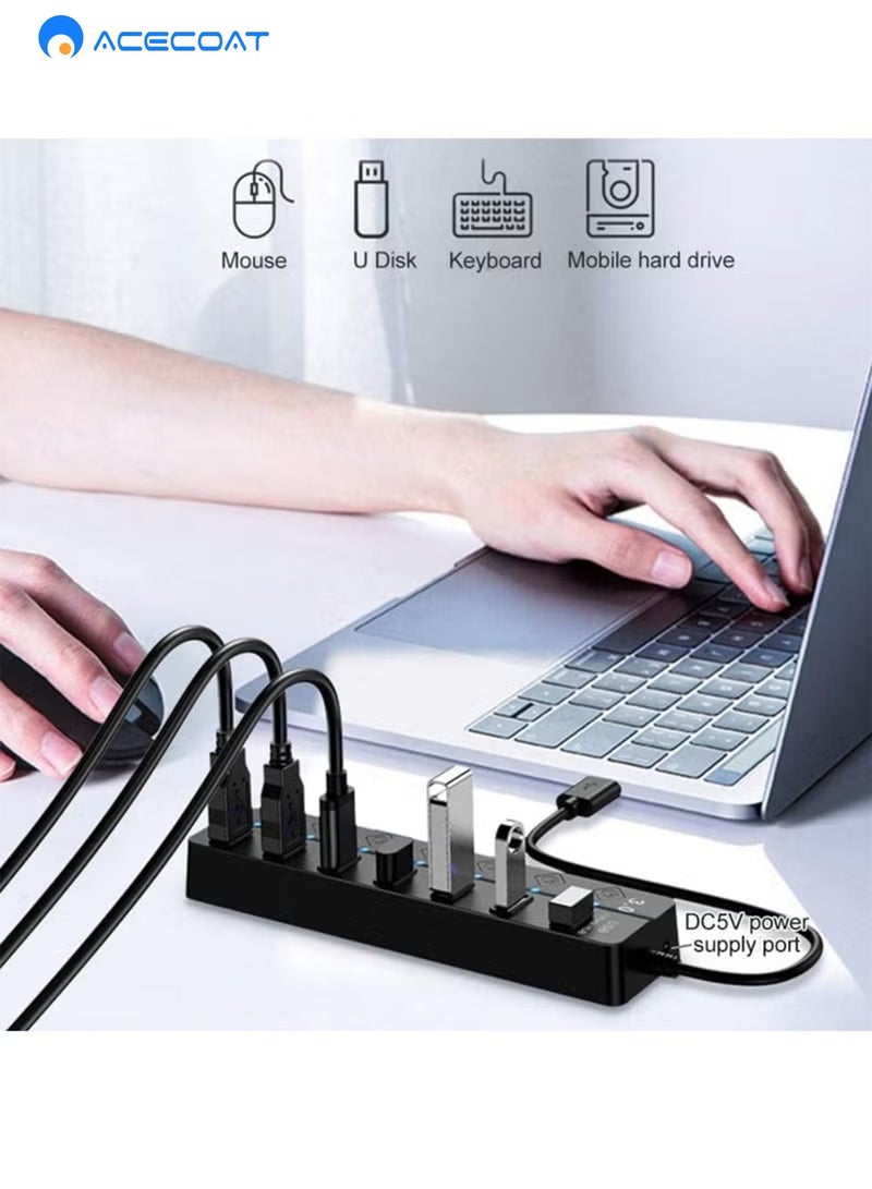 ايسكوت موزع USB 3.0 ذو 7 منافذ USB 3.0 مع مفاتيح طاقة فردية ومصابيح، موزع موزع بيانات عالي السرعة محمول لتمديد USB للكمبيوتر المحمول والمزيد (بدون محول طاقة) - Image 3