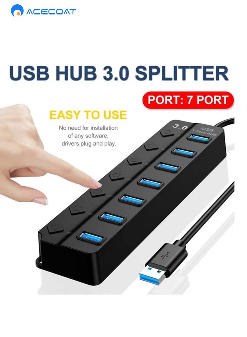 ايسكوت موزع USB 3.0 ذو 7 منافذ USB 3.0 مع مفاتيح طاقة فردية ومصابيح، موزع موزع بيانات عالي السرعة محمول لتمديد USB للكمبيوتر المحمول والمزيد (بدون محول طاقة) - Image 4