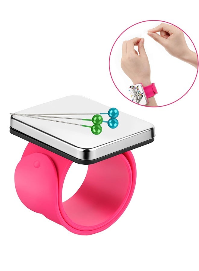 Ba Love Magnetic Pincushion Wristband Rose Red 9.5" with 100 Pcs 1.5 Inch Colorful Ball Head Sewing Pins Set, Magnetic Pin Cushion Wrist Holder for Sewing, Silicone Wrist Pin Holder for Quilting and Braiding - Image 1
