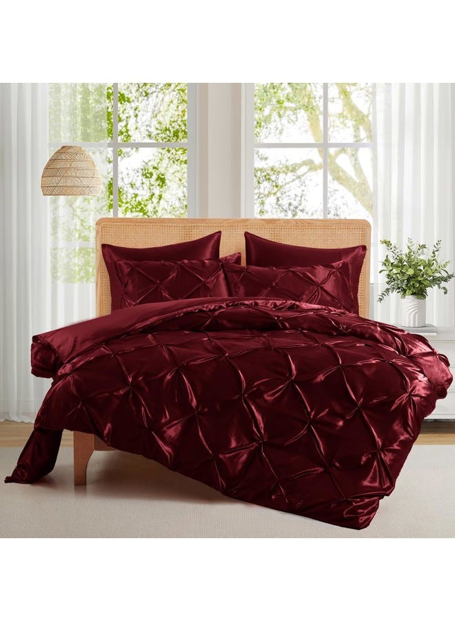 P Pothuiny 5 Pieces Satin Pintuck Duvet Cover Set, Silky Like Burgundy Pinch Pleat Duvet Cover King Size Luxury Bedding Set with Corner Ties, 2 Pillow Shams + 2 Pillowcases (No Comforter) - Image 3