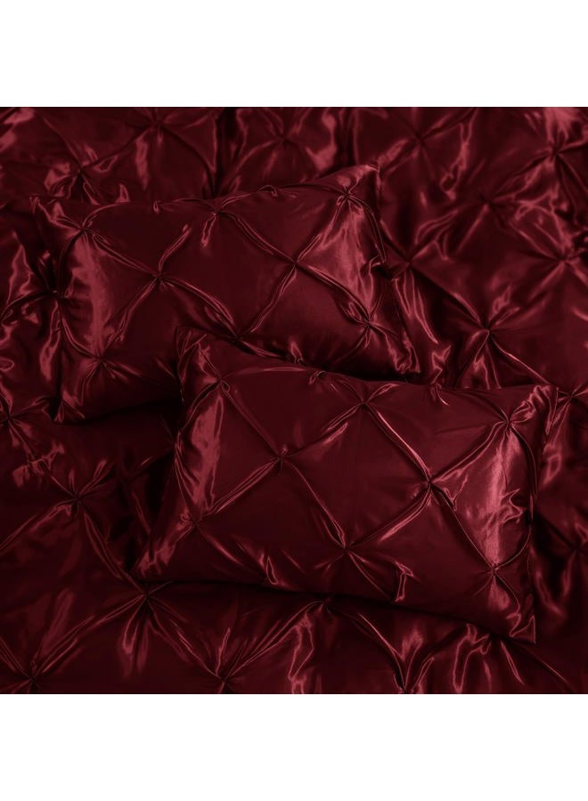 P Pothuiny 5 Pieces Satin Pintuck Duvet Cover Set, Silky Like Burgundy Pinch Pleat Duvet Cover King Size Luxury Bedding Set with Corner Ties, 2 Pillow Shams + 2 Pillowcases (No Comforter) - Image 4