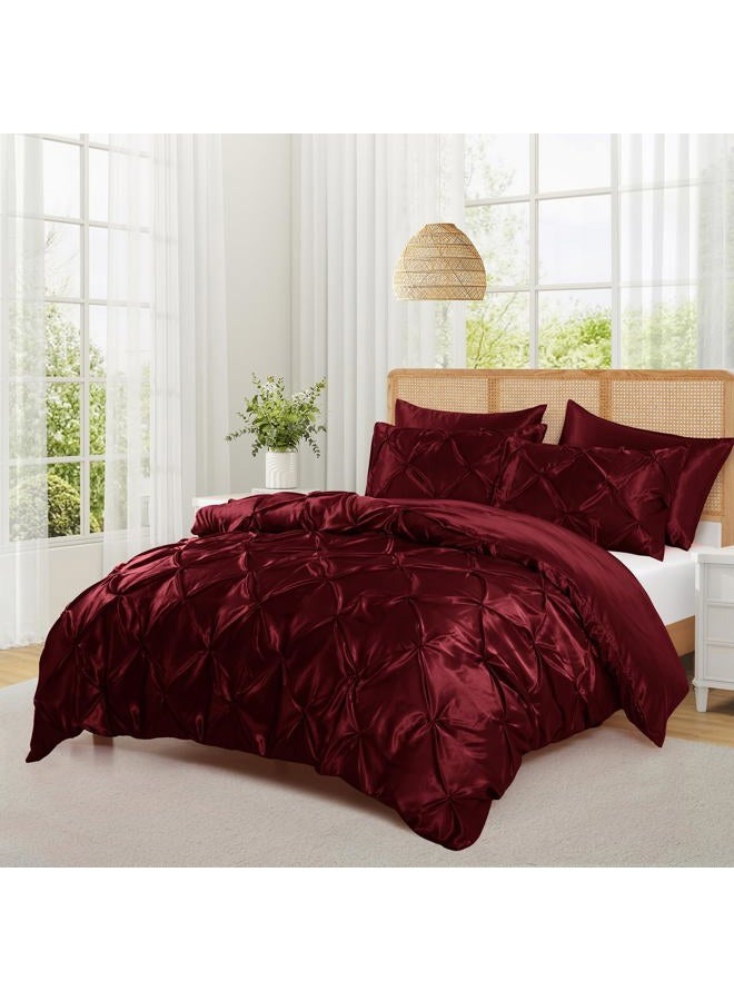 P Pothuiny 5 Pieces Satin Pintuck Duvet Cover Set, Silky Like Burgundy Pinch Pleat Duvet Cover King Size Luxury Bedding Set with Corner Ties, 2 Pillow Shams + 2 Pillowcases (No Comforter) - Image 2
