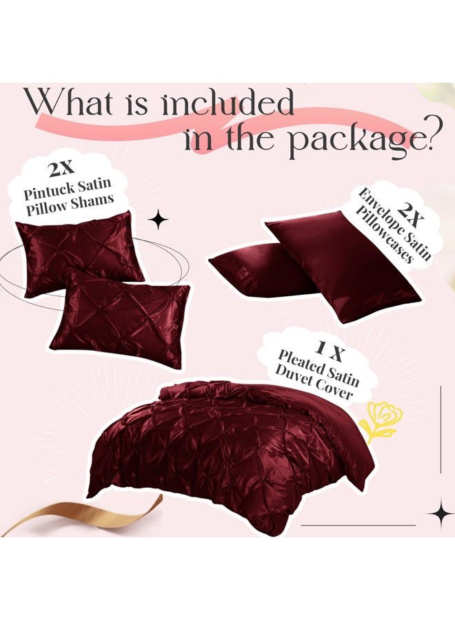 P Pothuiny 5 Pieces Satin Pintuck Duvet Cover Set, Silky Like Burgundy Pinch Pleat Duvet Cover King Size Luxury Bedding Set with Corner Ties, 2 Pillow Shams + 2 Pillowcases (No Comforter) - Image 5
