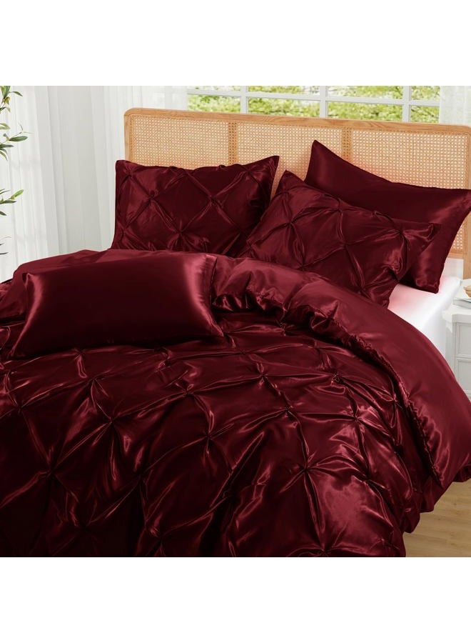 P Pothuiny 5 Pieces Satin Pintuck Duvet Cover Set, Silky Like Burgundy Pinch Pleat Duvet Cover King Size Luxury Bedding Set with Corner Ties, 2 Pillow Shams + 2 Pillowcases (No Comforter) - Image 1