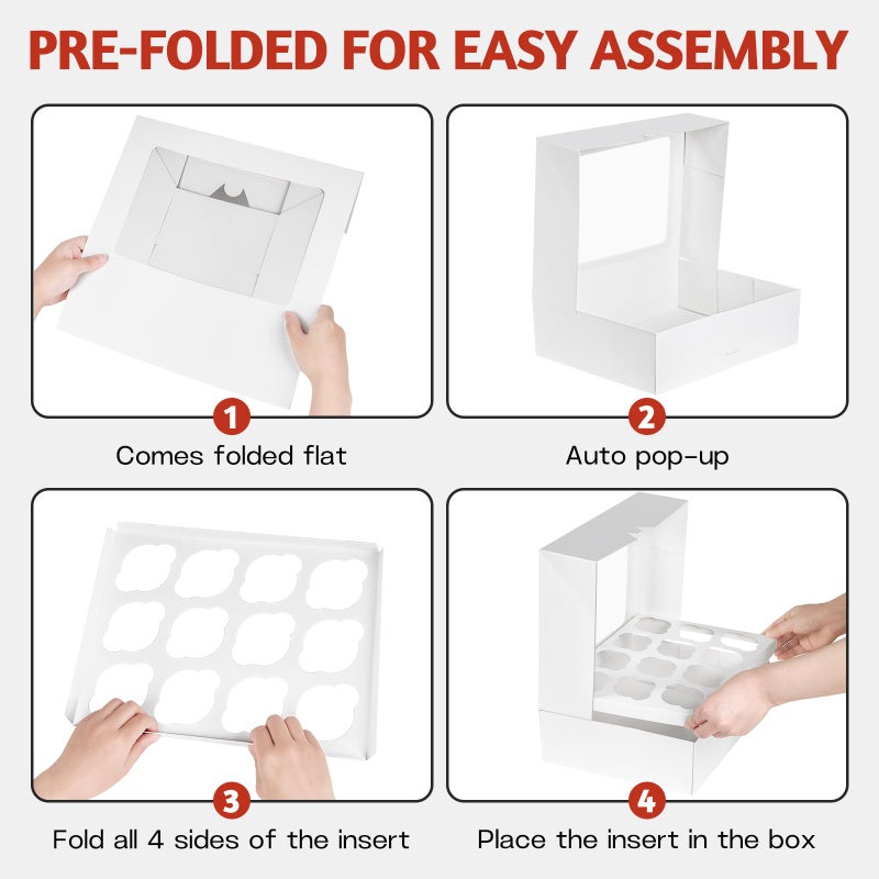 ZORRITA 12 Count Cupcake Boxes, 8 Pack Auto-Popup White Cupcake Containers with Window and Inserts Cupcake Carrier with Holders to Fit Dozen Cupcakes and Muffins - Image 3