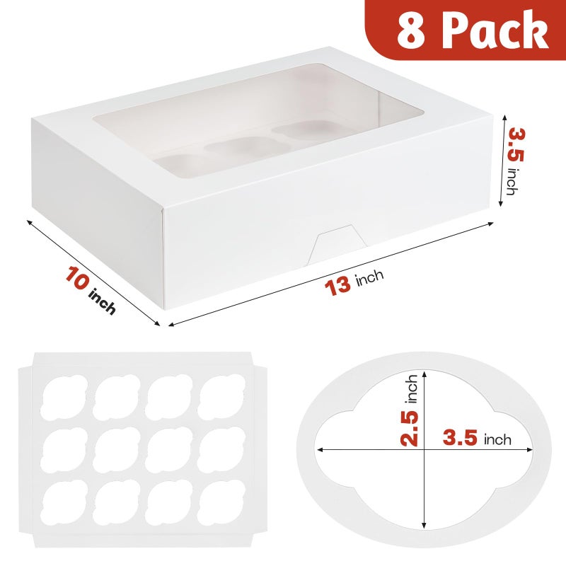 ZORRITA 12 Count Cupcake Boxes, 8 Pack Auto-Popup White Cupcake Containers with Window and Inserts Cupcake Carrier with Holders to Fit Dozen Cupcakes and Muffins - Image 2
