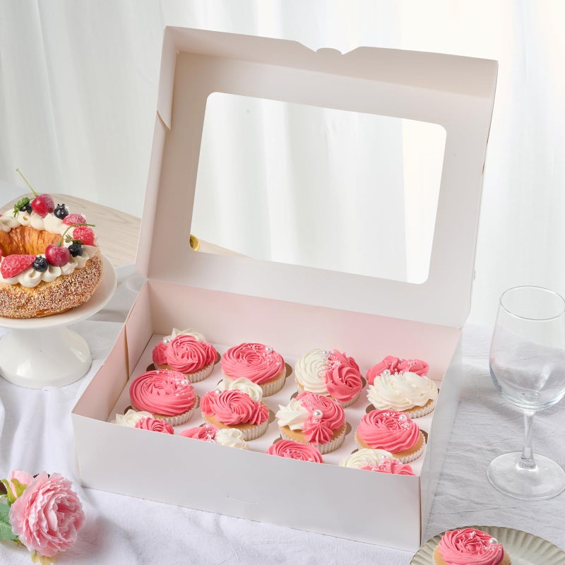 ZORRITA 12 Count Cupcake Boxes, 8 Pack Auto-Popup White Cupcake Containers with Window and Inserts Cupcake Carrier with Holders to Fit Dozen Cupcakes and Muffins - Image 5
