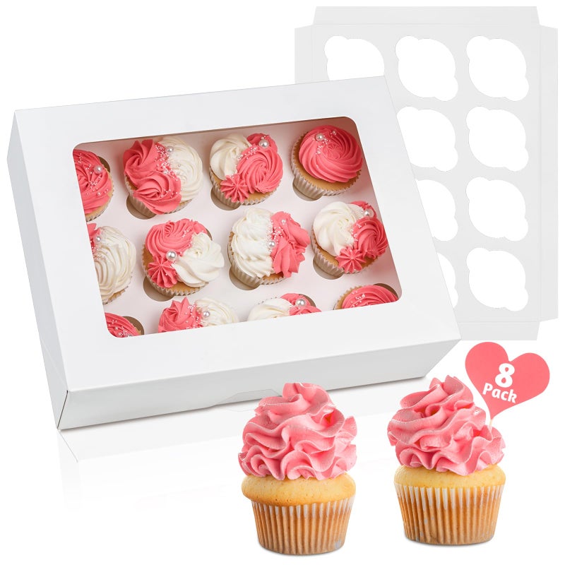 ZORRITA 12 Count Cupcake Boxes, 8 Pack Auto-Popup White Cupcake Containers with Window and Inserts Cupcake Carrier with Holders to Fit Dozen Cupcakes and Muffins - Image 1