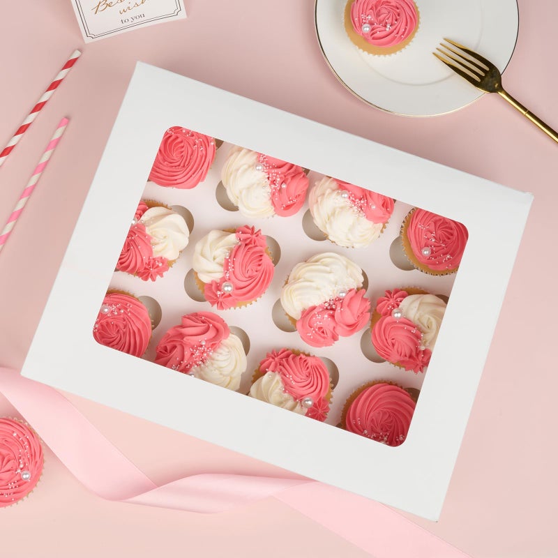 ZORRITA 12 Count Cupcake Boxes, 8 Pack Auto-Popup White Cupcake Containers with Window and Inserts Cupcake Carrier with Holders to Fit Dozen Cupcakes and Muffins - Image 4