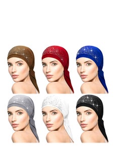 Women Head Scarf, 6 Pcs Rhinestone Head Scarf Stretchy Head, Pre Tied Head Scarves Covers Cap, Skull Cap Headbands for All Seasons