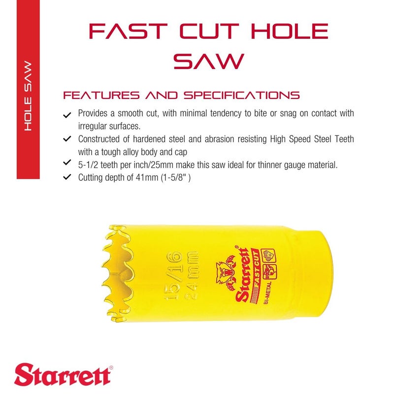 Starrett Starrett BiMetal Fast Cut Straight Pitch Hole Saw with Abrasion Resistant HSS Teeth  Ideal for Cutting Metal Steel and Wood  1516 24mm Diameter 158 41mm Depth  FCH1056G  - Image 2