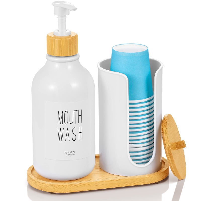 موزع غسول الفم VITVITI لحمام غسول الفم زجاجة مضخة مع حامل أكواب ورقية 17 أونصة حاوية غسول فم قابلة لإعادة التعبئة بيضاء مع غطاء من الخيزران