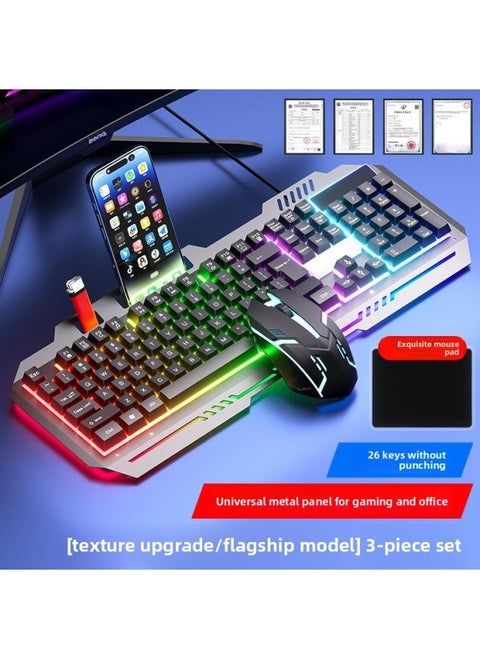 E-sports Game Wired Keyboard Keyboard Mouse Suit Mechanical Feel Desktop Laptop Office Mute Ear Wholesale-Color:Black Upgraded Version (mixed Light + Texture Upgraded Metal Panel) * Three-speed E-sports Mouse * Free Mouse Pad * Three-year Warranty