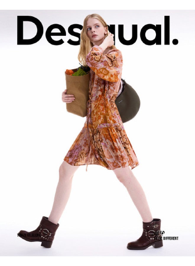 DESIGUAL فستان بأكمام طويلة على شكل حرف V بطباعة نباتية ريترو جديدة لخريف/شتاء 25 - Image 1