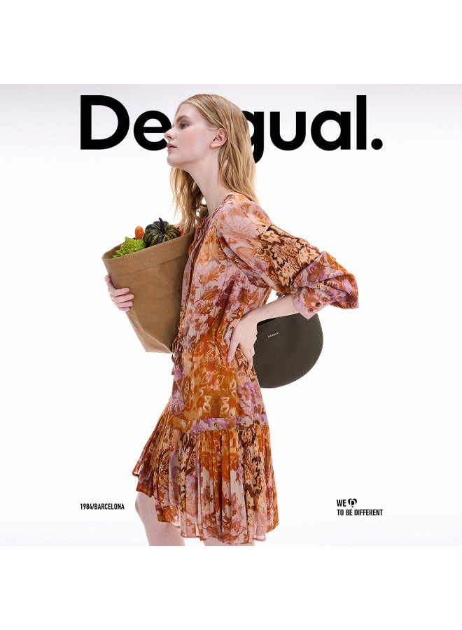 DESIGUAL فستان بأكمام طويلة على شكل حرف V بطباعة نباتية ريترو جديدة لخريف/شتاء 25 - Image 4