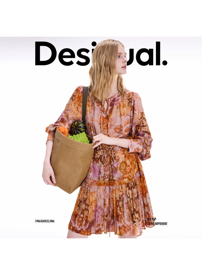 DESIGUAL فستان بأكمام طويلة على شكل حرف V بطباعة نباتية ريترو جديدة لخريف/شتاء 25 - Image 5