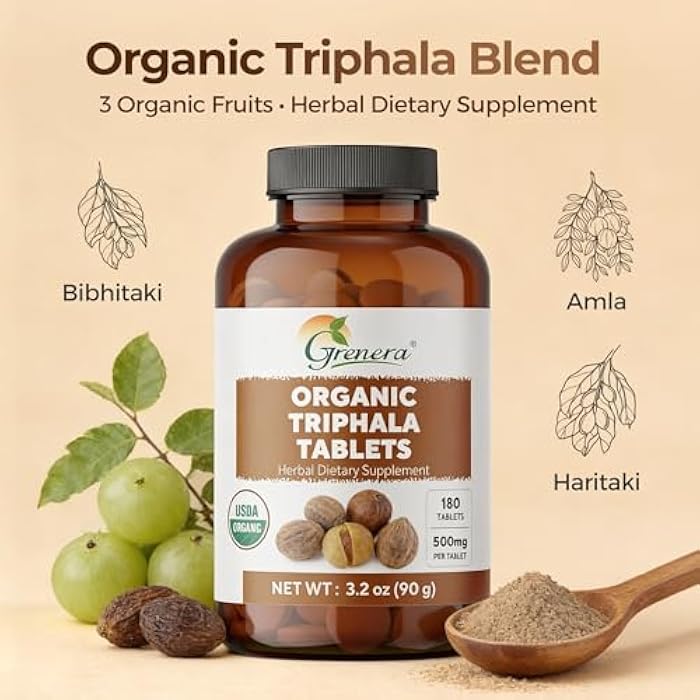 Grenera Organic Triphala Tablets | Uncoated 500mg Herbal Supplement | Amla, Haritaki & Bibhitaki Blend | Plant Based Vegan & Kosher Certified | Lab Tested Quality | Daily Wellness Support | 180 Count - Image 3