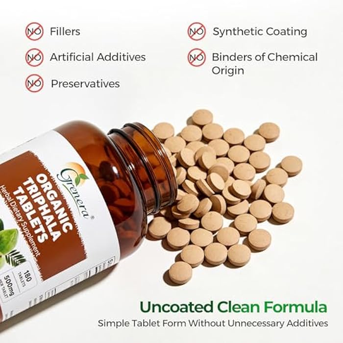 Grenera Organic Triphala Tablets | Uncoated 500mg Herbal Supplement | Amla, Haritaki & Bibhitaki Blend | Plant Based Vegan & Kosher Certified | Lab Tested Quality | Daily Wellness Support | 180 Count - Image 4