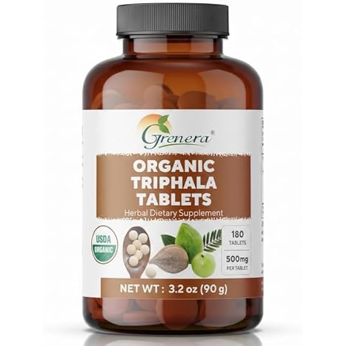 Grenera Organic Triphala Tablets | Uncoated 500mg Herbal Supplement | Amla, Haritaki & Bibhitaki Blend | Plant Based Vegan & Kosher Certified | Lab Tested Quality | Daily Wellness Support | 180 Count - Image 1