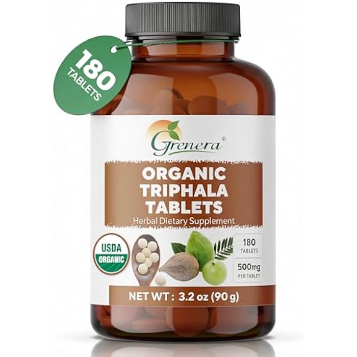 Grenera Organic Triphala Tablets | Uncoated 500mg Herbal Supplement | Amla, Haritaki & Bibhitaki Blend | Plant Based Vegan & Kosher Certified | Lab Tested Quality | Daily Wellness Support | 180 Count - Image 2