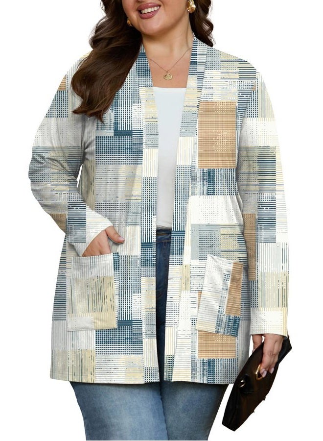 OLRIK Plus Size Lightweight Cardigan for Women 2026 Spring with Pockets Long Sleeve Casual Jacket Open Front Cover Ups, Fp-beige Gray Geometry, 4X - Image 2