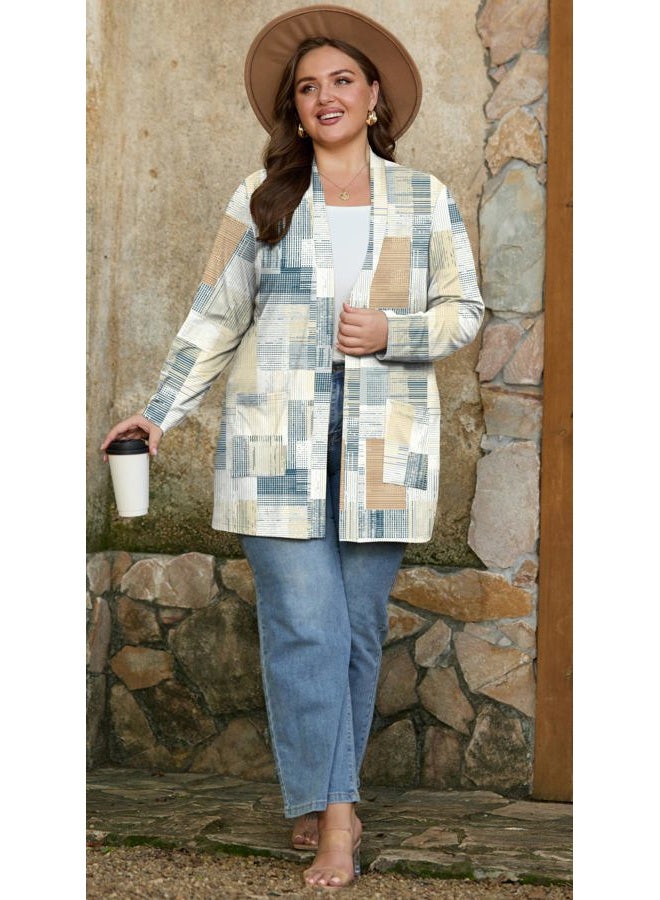 OLRIK Plus Size Lightweight Cardigan for Women 2026 Spring with Pockets Long Sleeve Casual Jacket Open Front Cover Ups, Fp-beige Gray Geometry, 4X - Image 5