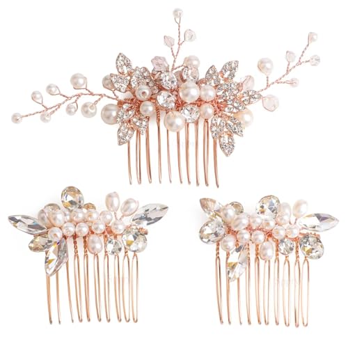Sppry Bridal Hair Comb - Bendable Pearl Crystal Hair Accessory for Women at Wedding, Rose Gold - Image 1