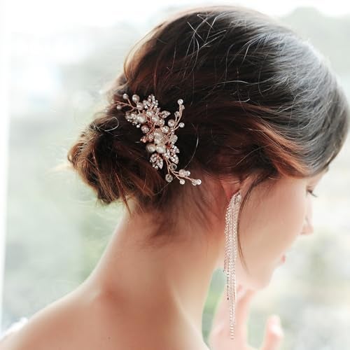 Sppry Bridal Hair Comb - Bendable Pearl Crystal Hair Accessory for Women at Wedding, Rose Gold - Image 4