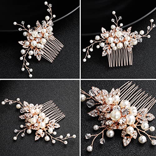 Sppry Bridal Hair Comb - Bendable Pearl Crystal Hair Accessory for Women at Wedding, Rose Gold - Image 5