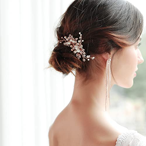 Sppry Bridal Hair Comb - Bendable Pearl Crystal Hair Accessory for Women at Wedding, Rose Gold - Image 3