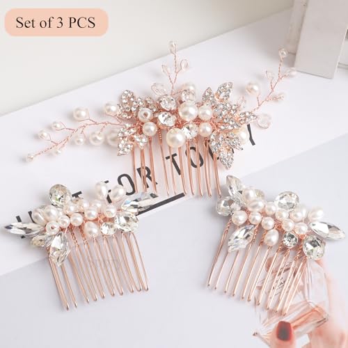 Sppry Bridal Hair Comb - Bendable Pearl Crystal Hair Accessory for Women at Wedding, Rose Gold - Image 2