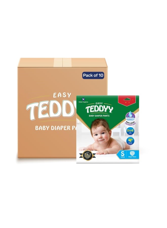 TEDDYY Easy Baby S Size Diaper Pant Style |17 Count (Small) | 3–8 kg (Pack of 10) | Long Protection Hours | Anti-Bacterial | Airy Breathable Fit | Rapid Soaker Channels with Wetness Indicator