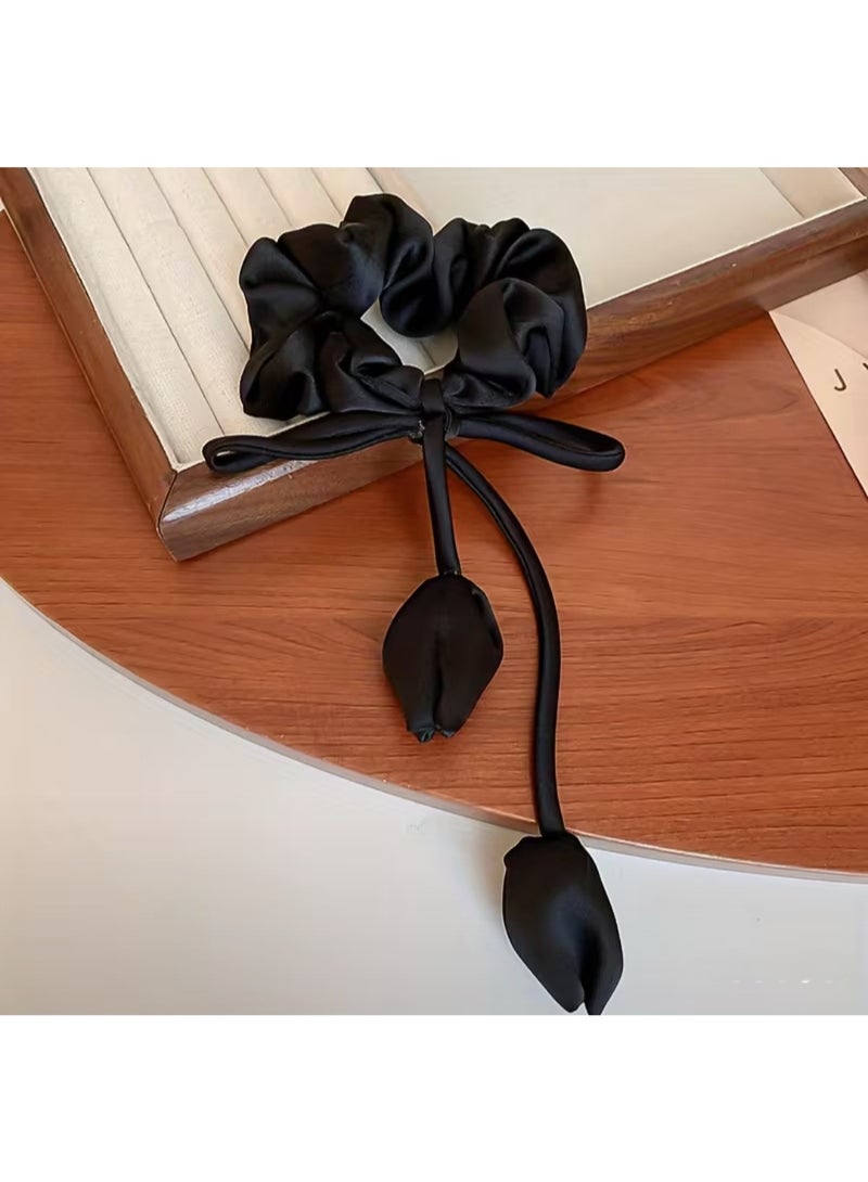 Black Satin Bow Scrunchie with Long Floral Ribbon Ties - Image 1