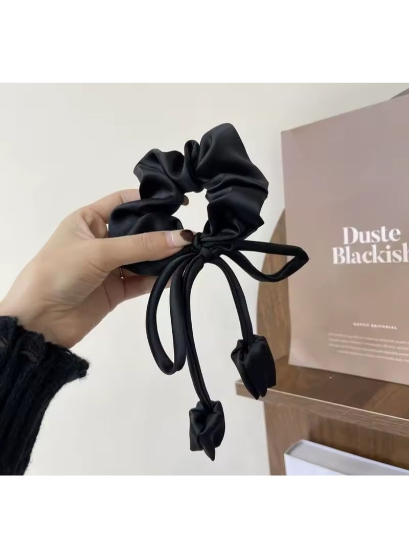 Black Satin Bow Scrunchie with Long Floral Ribbon Ties - Image 3