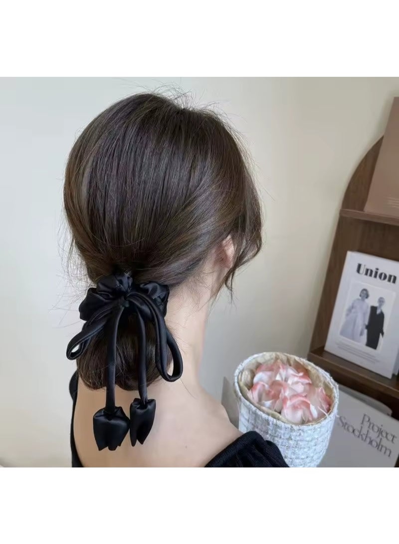Black Satin Bow Scrunchie with Long Floral Ribbon Ties - Image 4