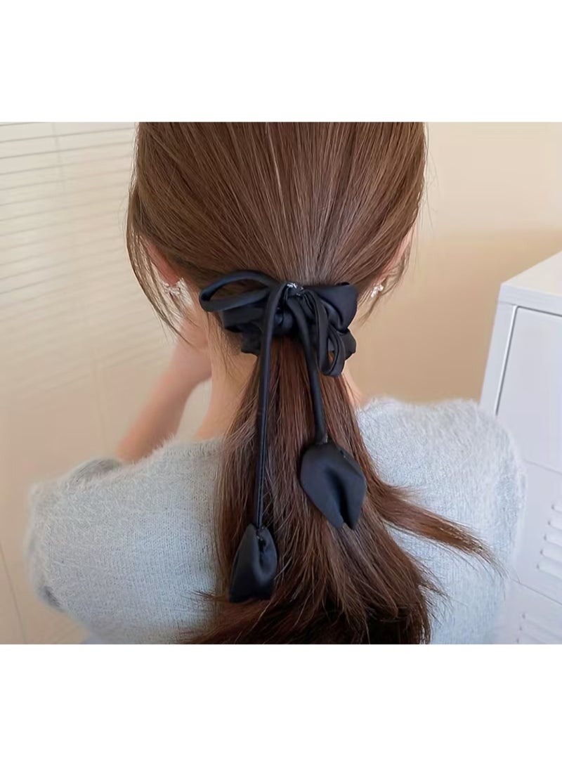 Black Satin Bow Scrunchie with Long Floral Ribbon Ties - Image 2