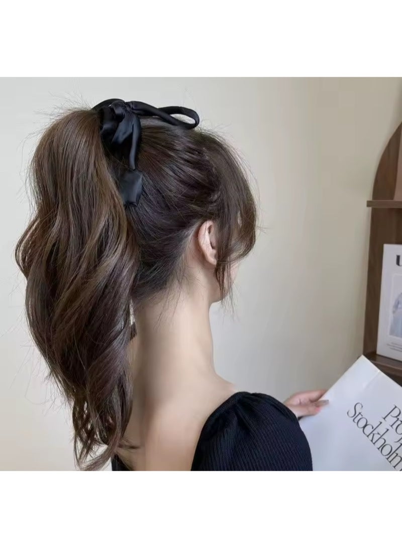 Black Satin Bow Scrunchie with Long Floral Ribbon Ties - Image 5