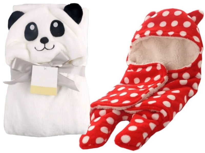 BRANDONN Fleece Single Hooded Wrapper/Blanket, Red, 2 Pcs - Image 1