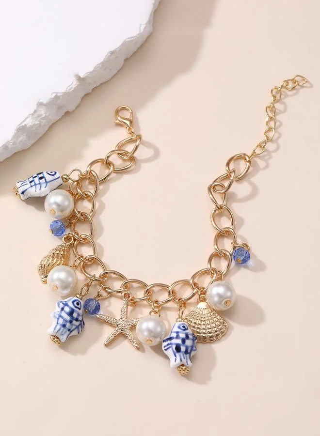تايك تو Gold Tone Ocean Charms Link Bracelet