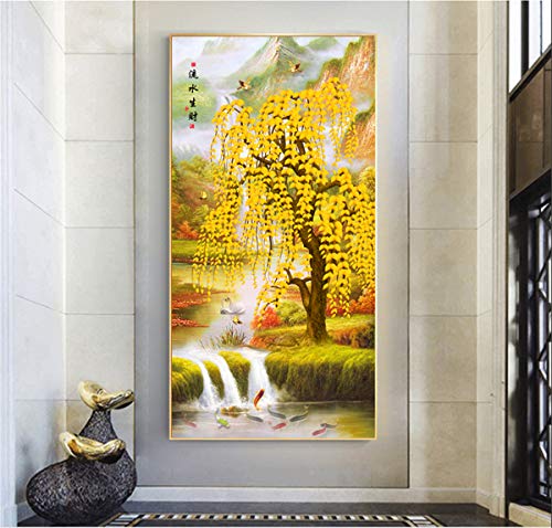Zzooi Chinese Feng Shui Lucky Money Tree Wall Art Hanging Silk Painting Scroll,Yellow - Image 3