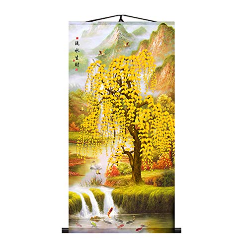 Zzooi Chinese Feng Shui Lucky Money Tree Wall Art Hanging Silk Painting Scroll,Yellow - Image 1