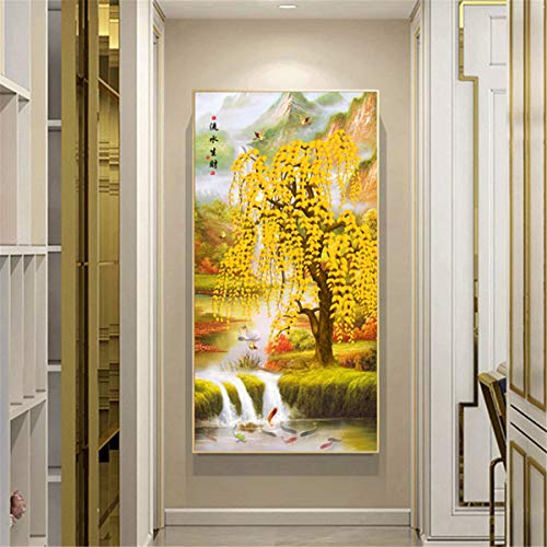 Zzooi Chinese Feng Shui Lucky Money Tree Wall Art Hanging Silk Painting Scroll,Yellow - Image 2