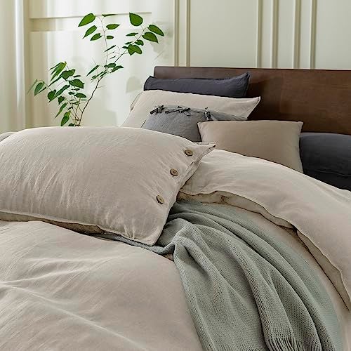 EVERLY 100% Pure Linen Duvet Cover Set Queen Size90X90Inch 3pcs (1 Duvet Cover,2 Pillowcases) Soft and Breathable for All Season with Coconut Button Closure, Suitable for Hot Sleepers-Linen-Queen - Image 4